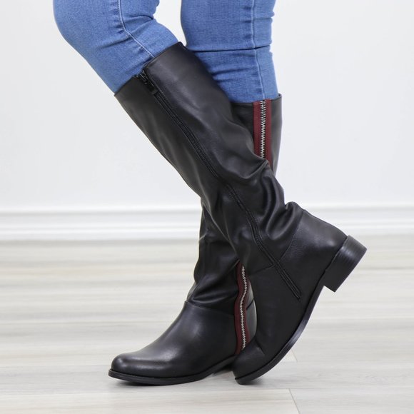 Black Below Knee Rider Boots Light Faux Fur Inside - Picture 10 of 12